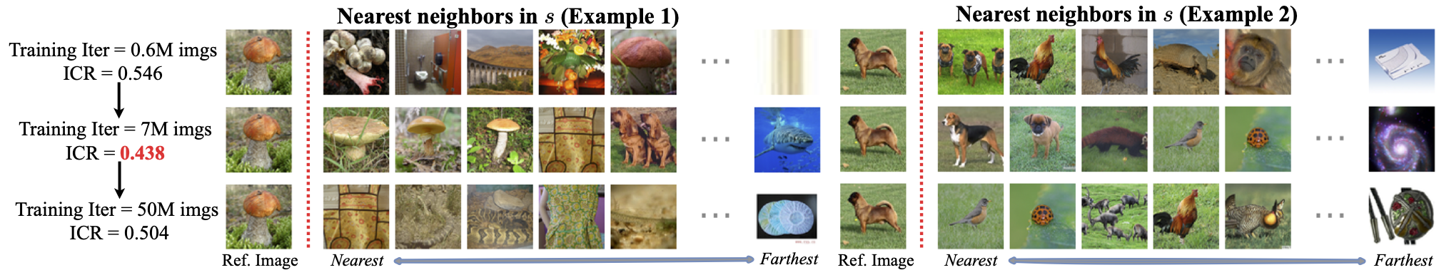 Nearest neighbors of the invariant component at three training stages: early, ICR minimum, and severe overfitting.