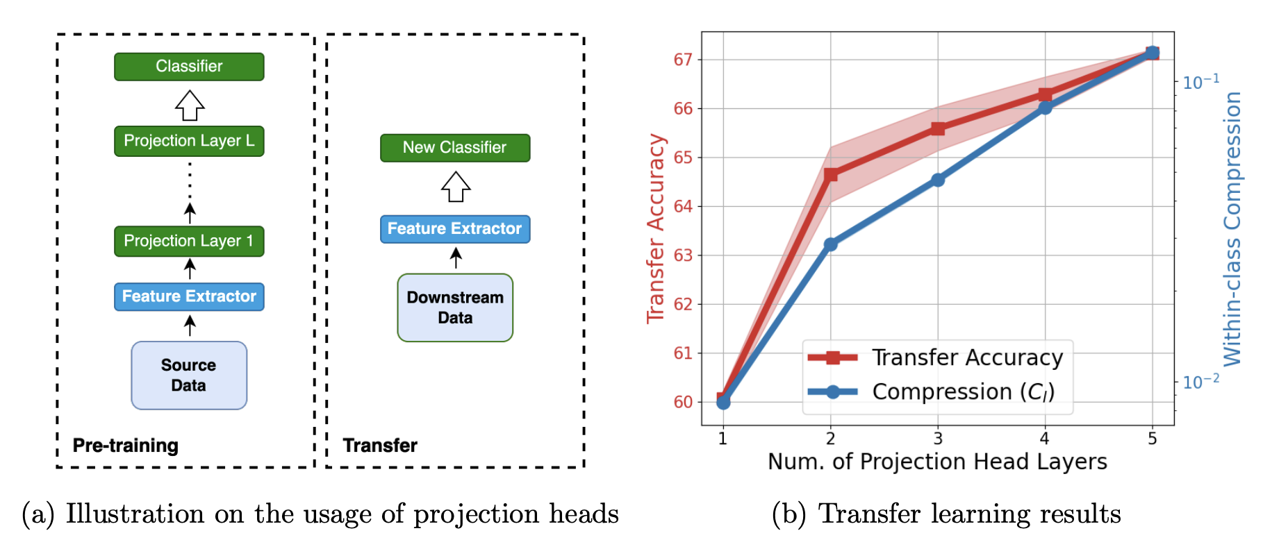 Diagram of projection head usage during pretraining and transfer, alongside a plot showing transfer accuracy improving and feature compression decreasing as more projection head layers are added.